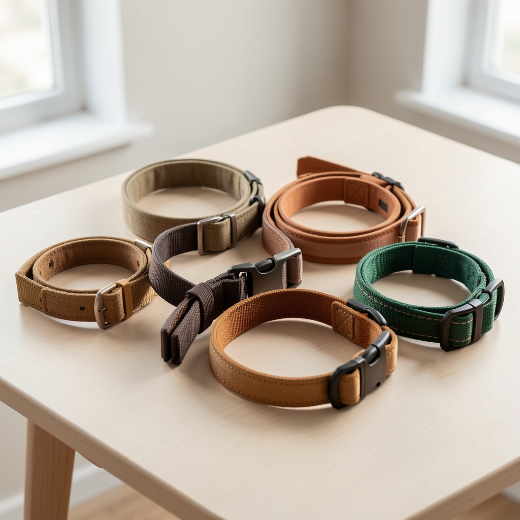 Arneses y collares para perros en colores naturales dispuestos sin personas sobre una mesa clara