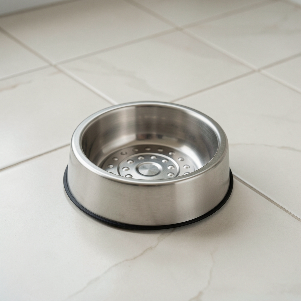 Bebedero de acero inoxidable con diseño antideslizante para mascota sobre piso de cerámica clara
