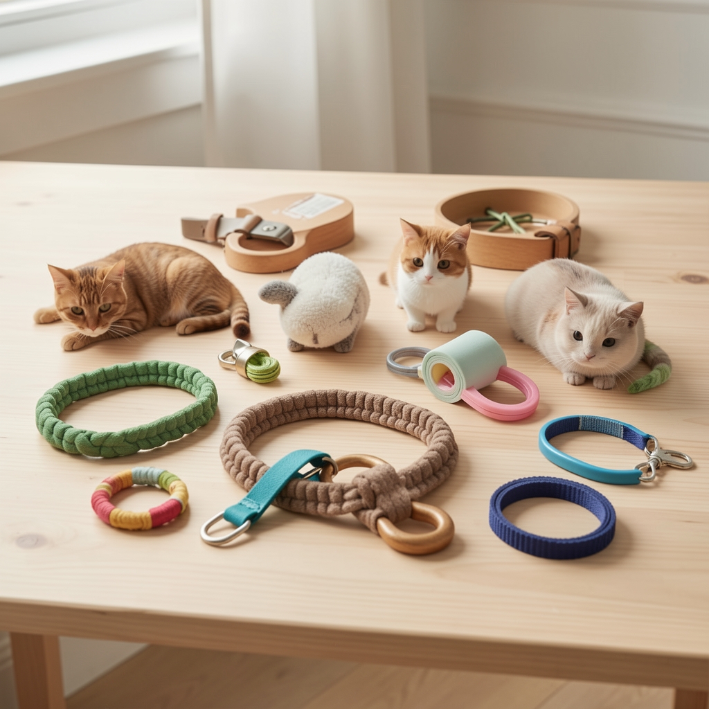 Conjunto de accesorios para mascotas dispuestos ordenadamente sobre mesa de madera clara