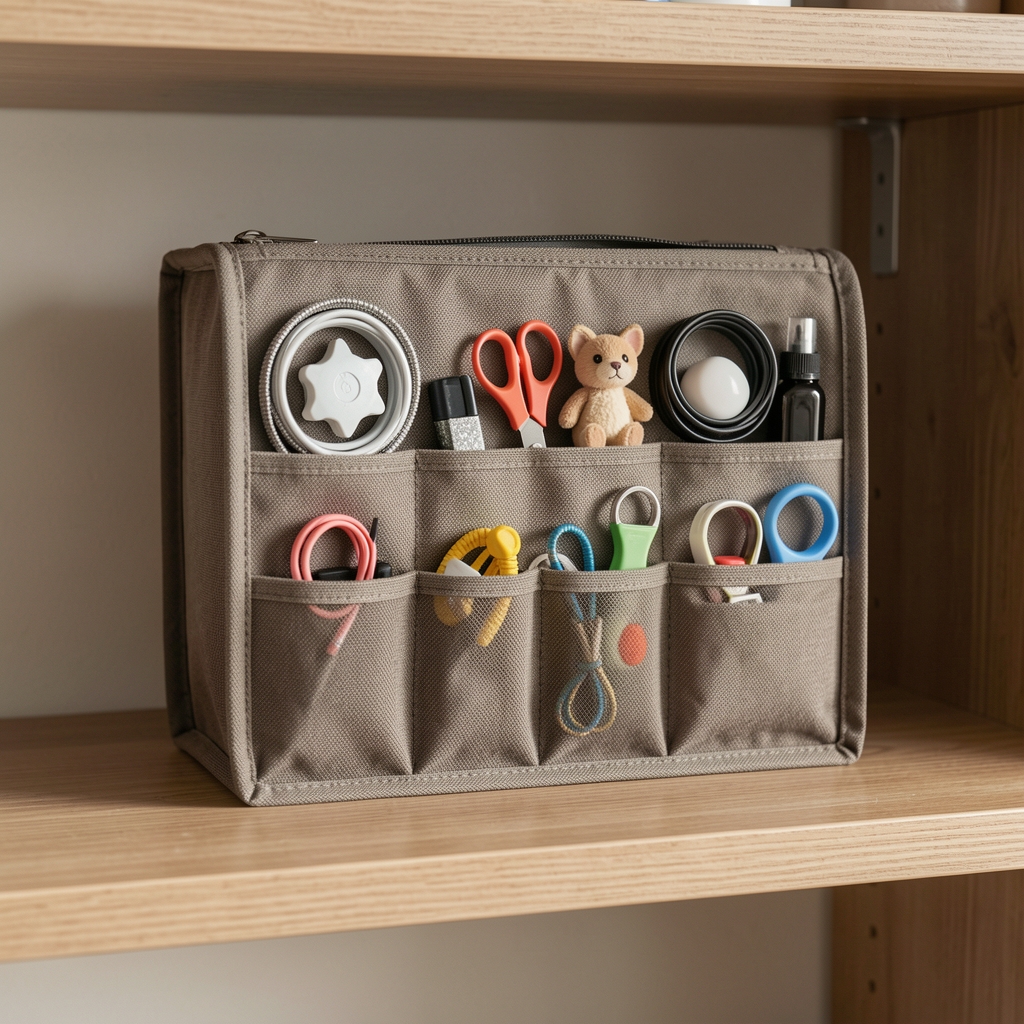 Organizador textil con compartimentos para accesorios de mascota ordenados sobre estante