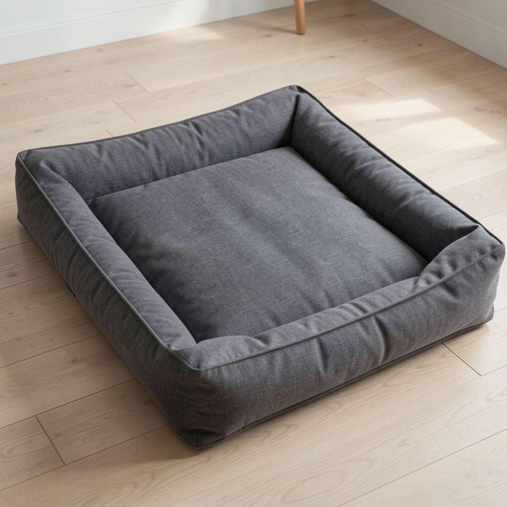 Cama de mascota color grafito con funda desmontable sobre piso de madera clara