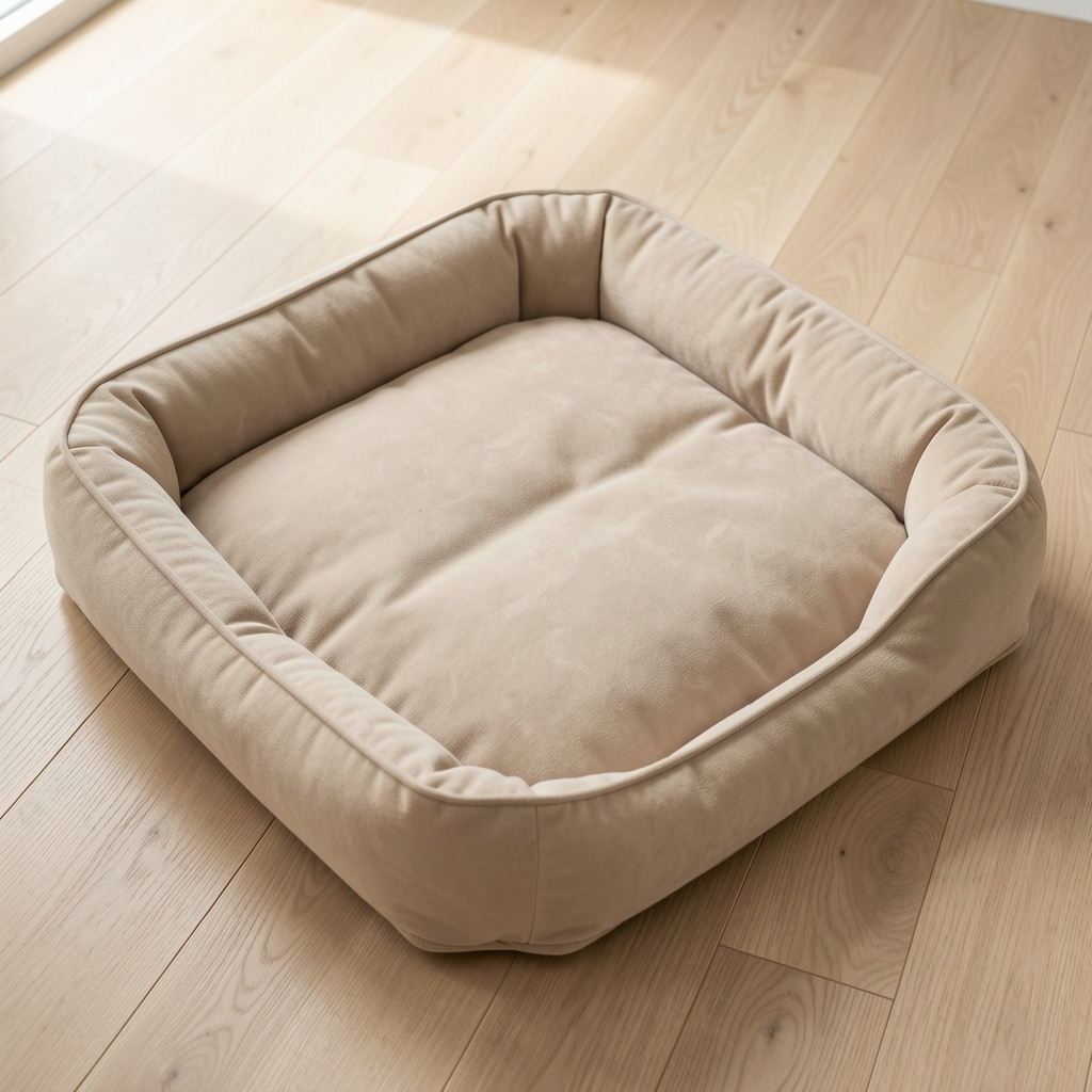 Cama acolchada beige para mascota con bordes elevados sobre piso de madera clara