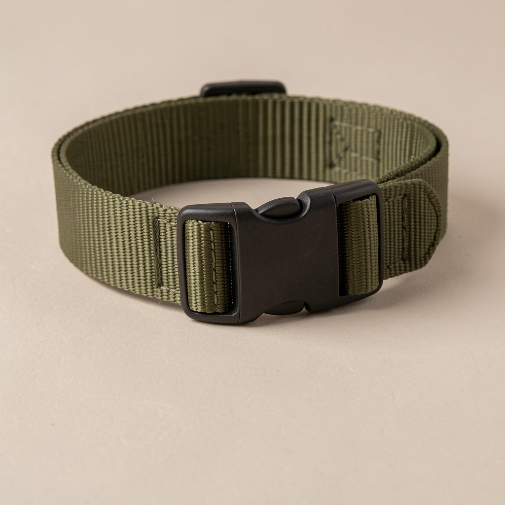 Detalle de collar ajustable de nylon verde oliva con hebilla segura y costuras visibles sobre fondo neutro