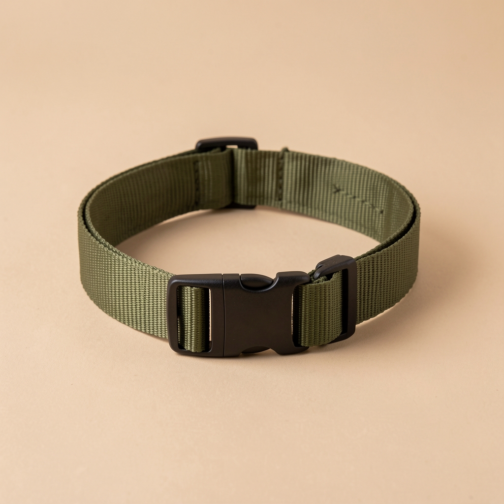 Collar ajustable de nylon verde oliva con hebilla negra sobre fondo beige
