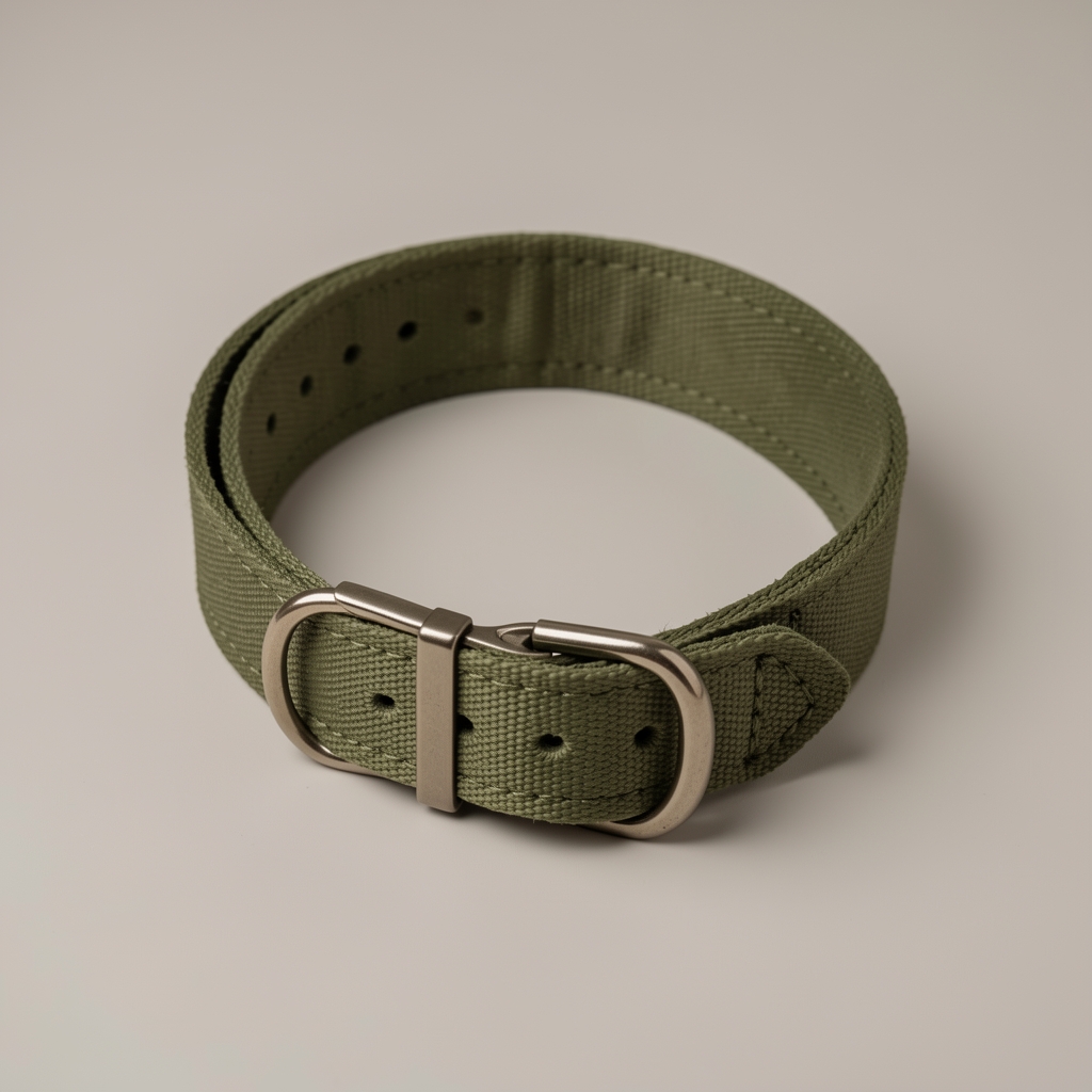 Collar verde oliva para perro con hebilla y argolla metálica sobre fondo neutro