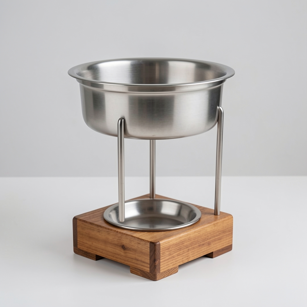 Comedero elevado de acero inoxidable con base de madera para mascota sobre suelo claro