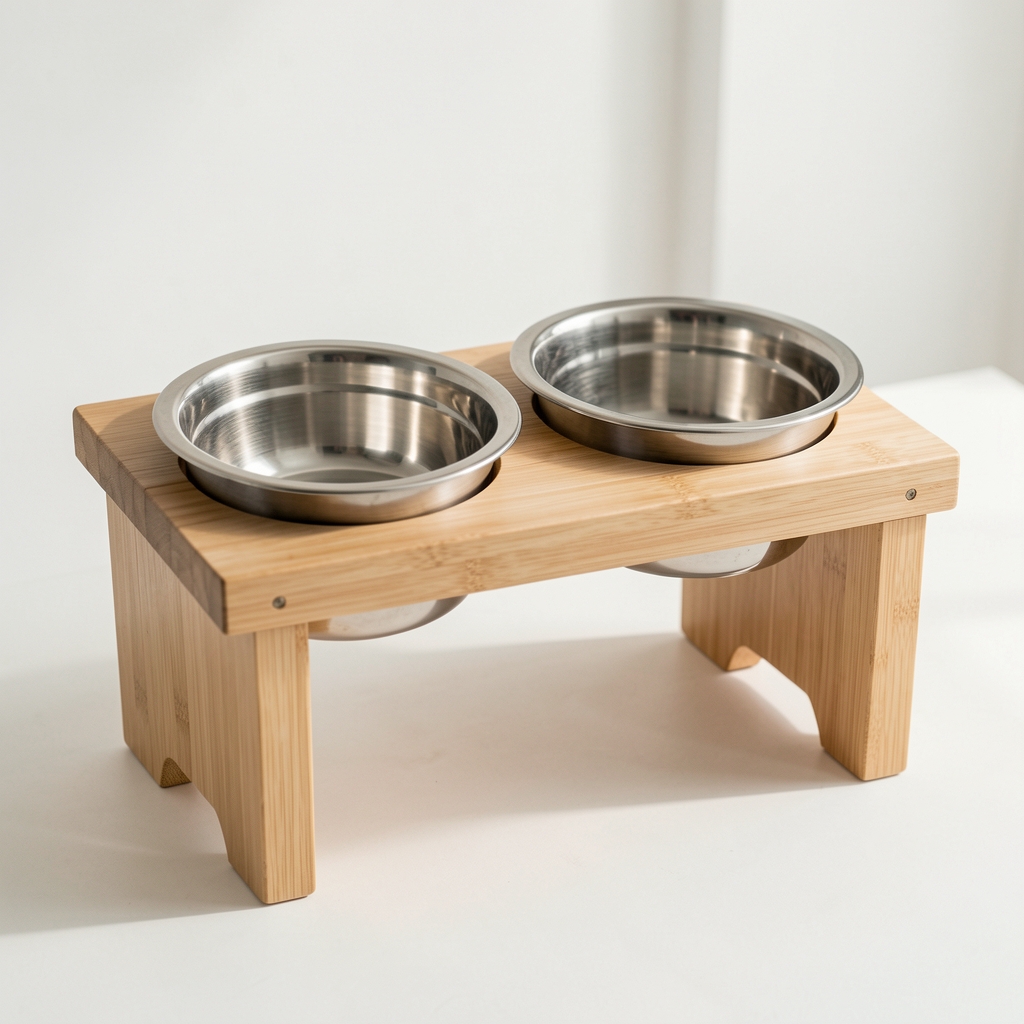Set de comedero y bebedero dobles de acero inoxidable con soporte de madera clara
