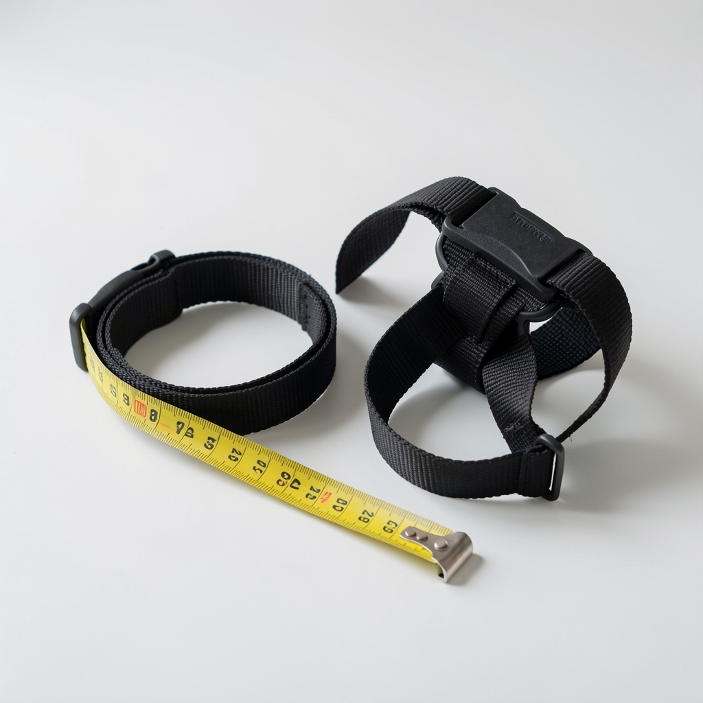 Cinta métrica junto a collar y arnés de nylon sobre superficie clara para ilustrar comparación de medidas