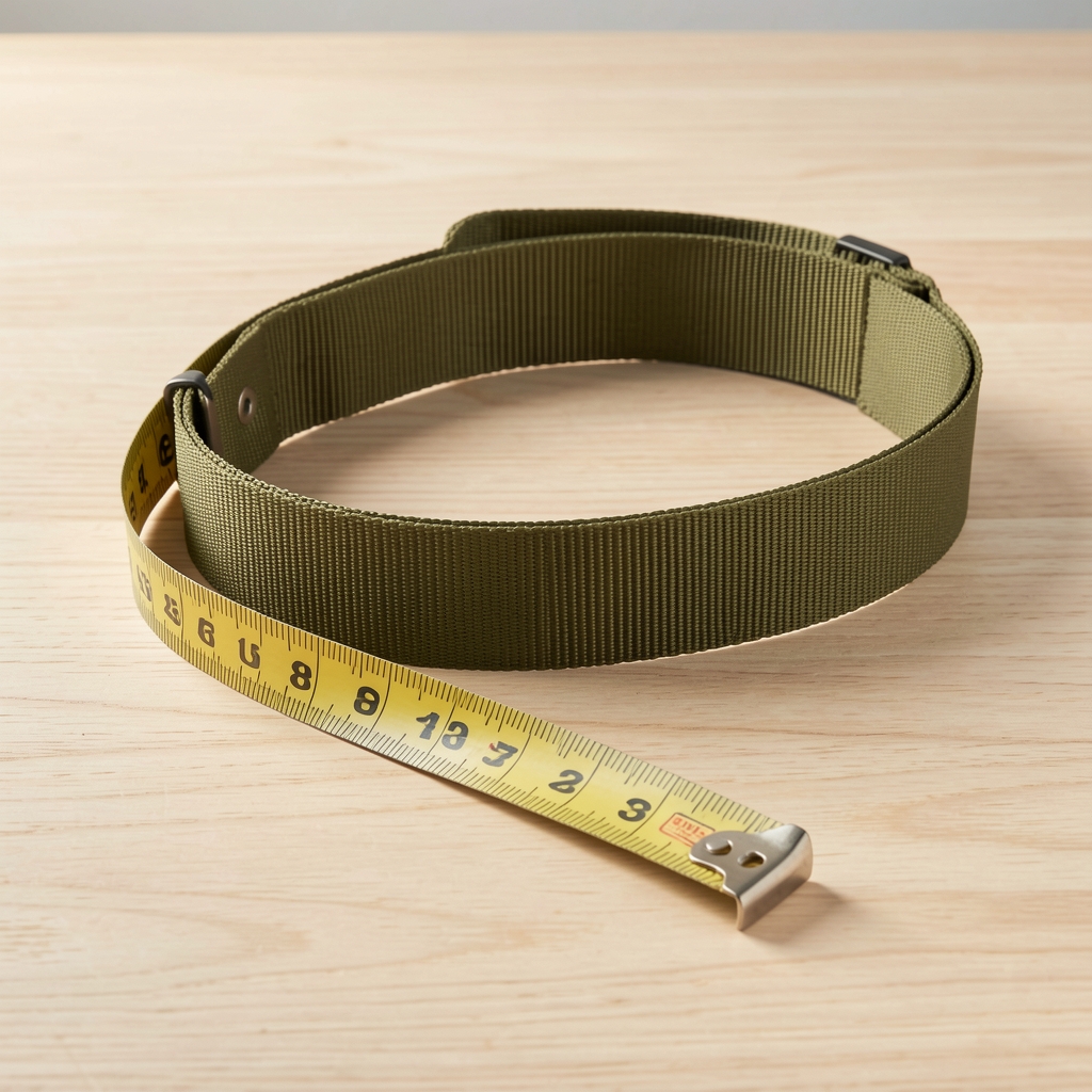 Collar de nylon verde oliva extendido junto a una cinta métrica flexible sobre mesa de madera clara