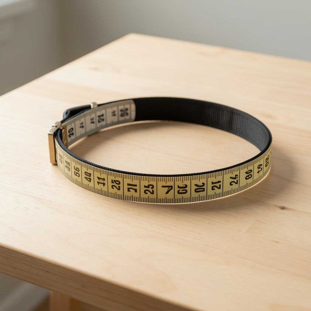 Collar de nylon y cinta métrica sobre mesa de madera clara para explicar medidas de mascotas
