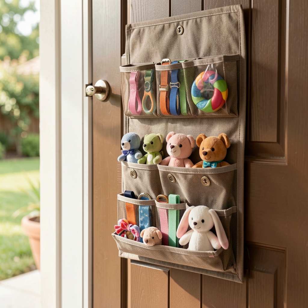 Organizador textil con compartimentos para correas y juguetes de mascota colgado junto a la puerta de salida