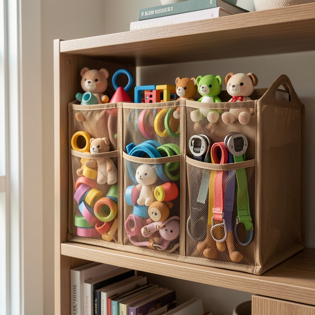 Organizador de tela con juguetes y correas de mascota clasificados en compartimentos sobre estante doméstico