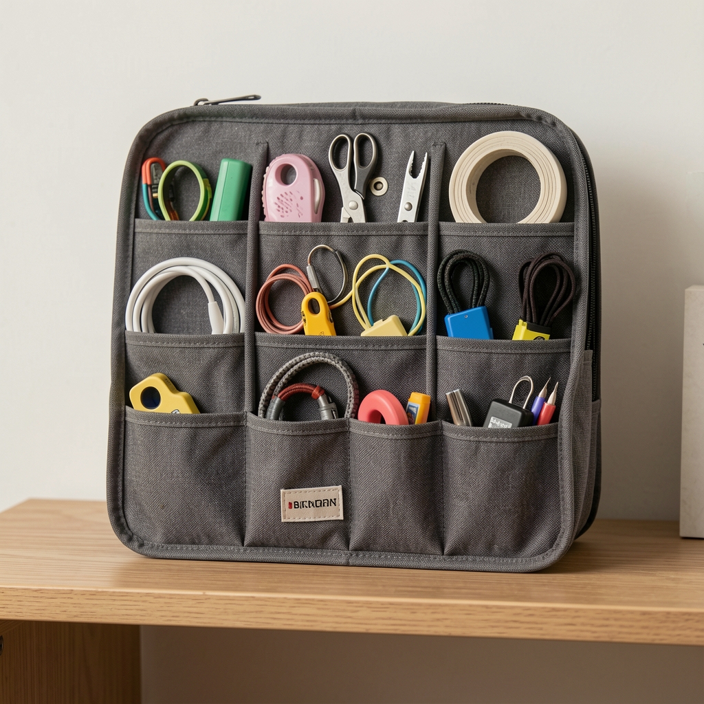 Organizador textil grafito con múltiples compartimentos para accesorios de mascota sobre estante