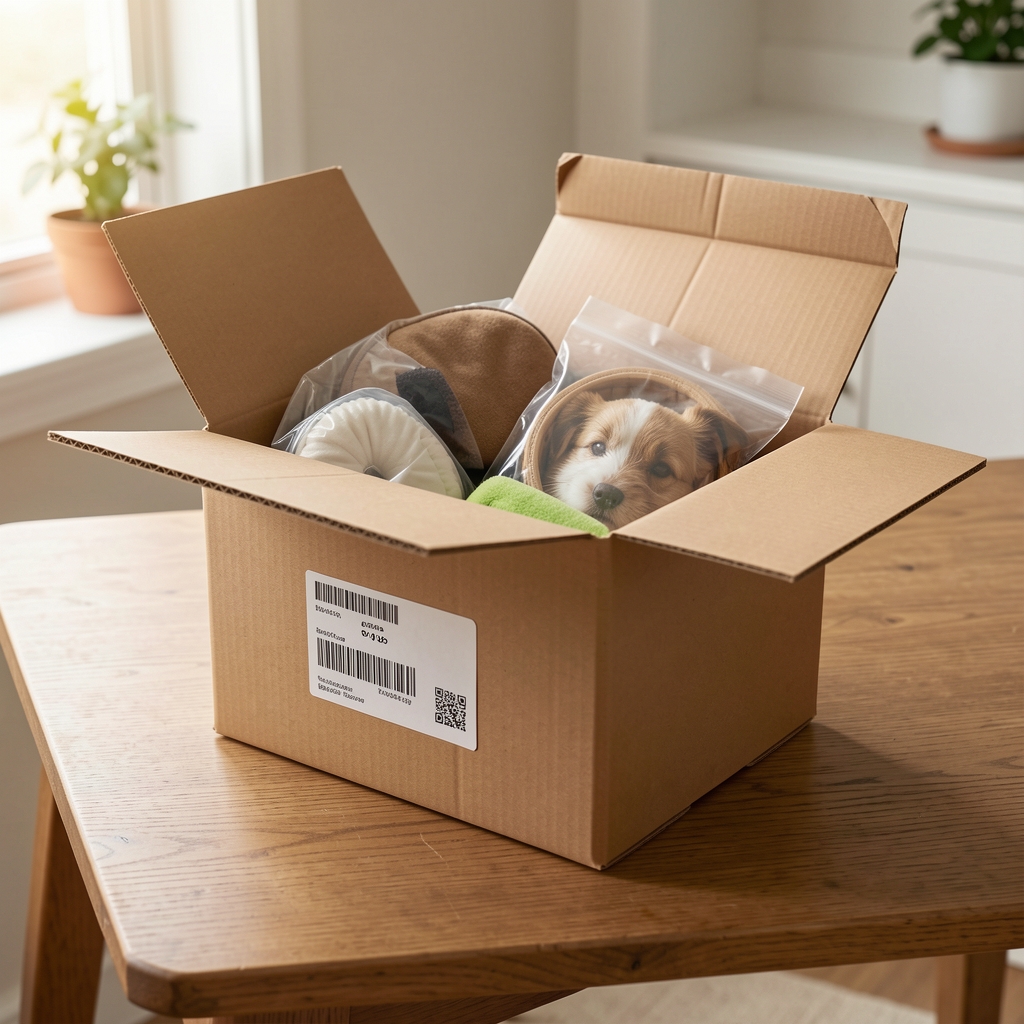Caja de cartón kraft con accesorios de mascotas embalados y etiqueta de envío sobre mesa sin personas