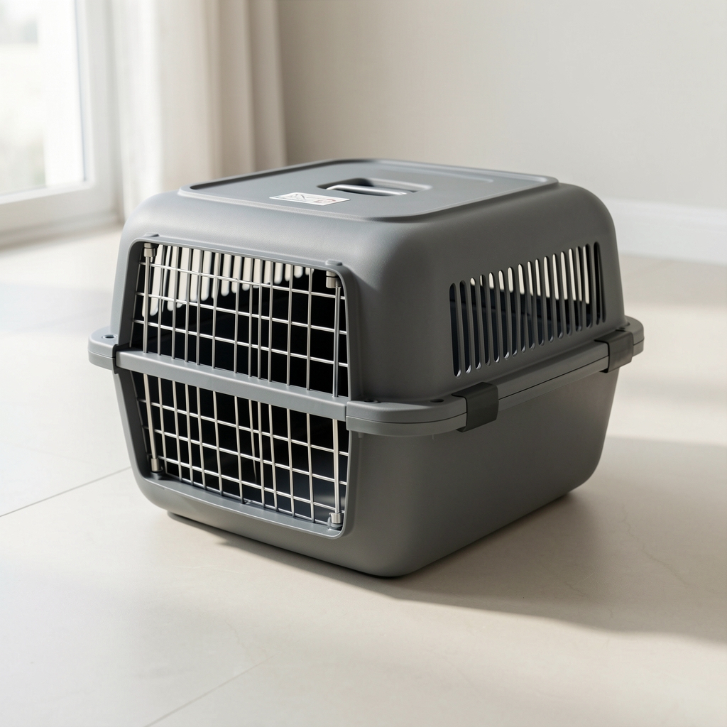 Transportadora rígida color grafito con rejilla de ventilación para mascota sobre piso claro